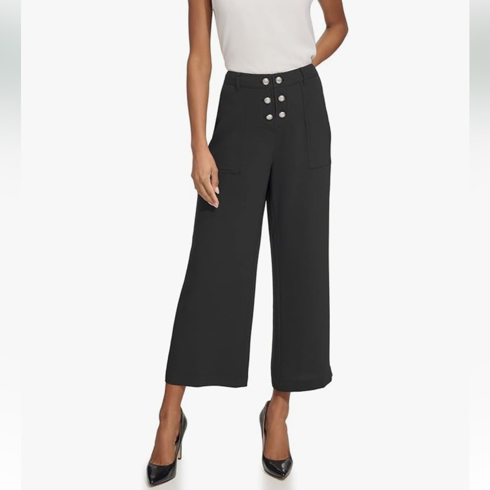 Karl Lagerfeld Black Button Front Wide-Leg Ankle Pants NWT